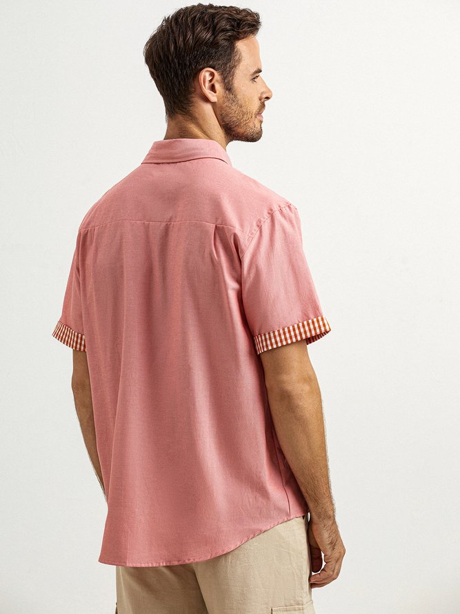 Side view of Plain Summer Vacation No Elasticity Moisture Permeability Short Sleeve Cotton Regular H-Line Aloha Shirts for Men