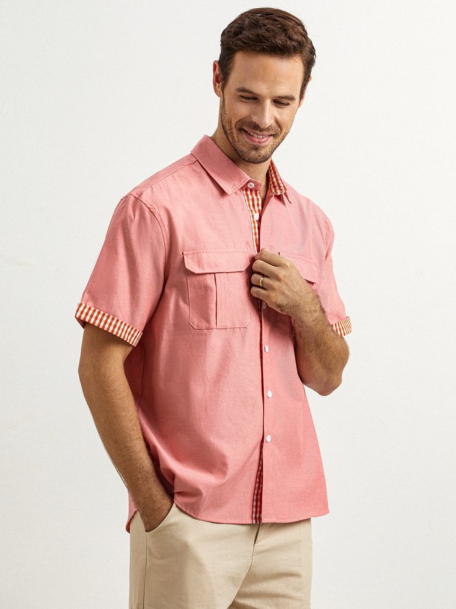 Side view of Plain Summer Vacation No Elasticity Moisture Permeability Short Sleeve Cotton Regular H-Line Aloha Shirts for Men