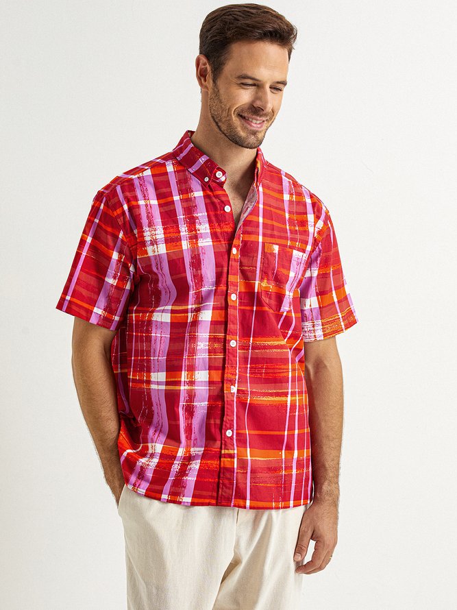 Side view of Men Casual Summer Plaid Lightweight No Elasticity Short Sleeve Regular H-Line Shirt Collar Aloha Shirts