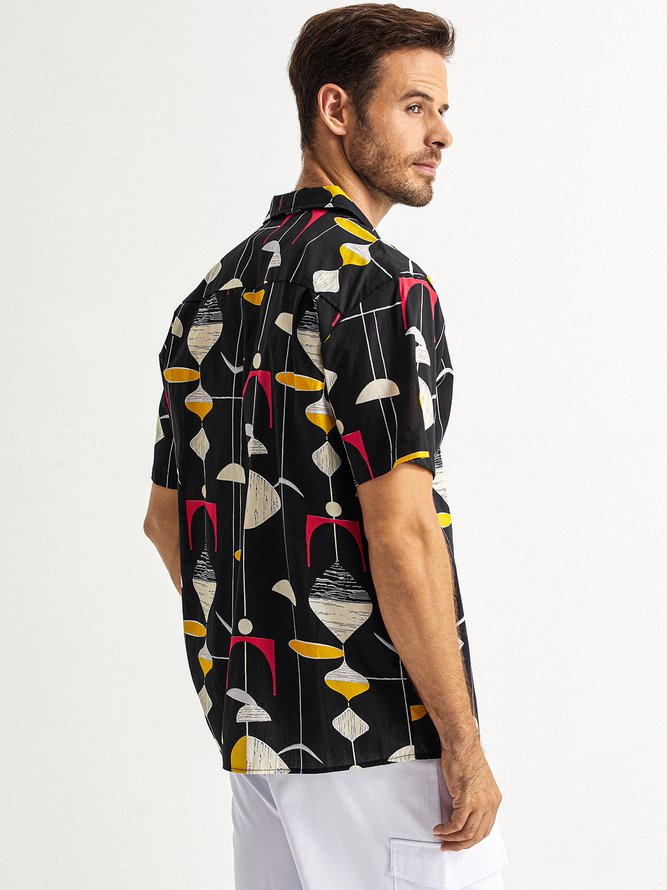 Side view of Men Geometric Summer Vacation No Elasticity Breathable Loose Short Sleeve Cotton Camp Collar Aloha Shirts