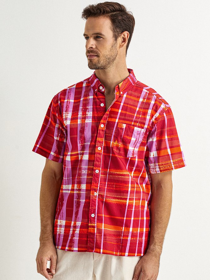 Side view of Men Casual Summer Plaid Lightweight No Elasticity Short Sleeve Regular H-Line Shirt Collar Aloha Shirts