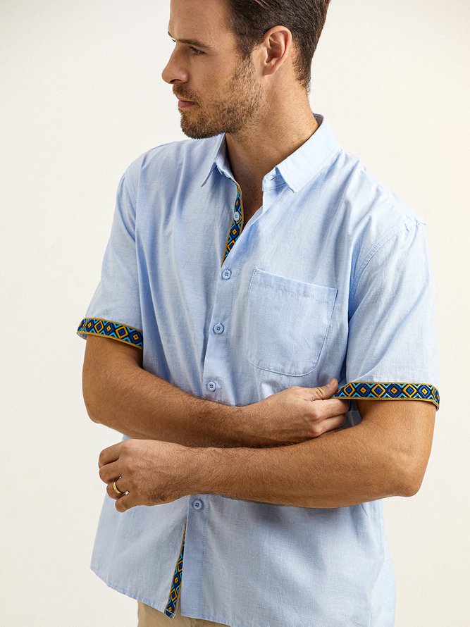 Side view of Men Geometric Summer Vacation Natural Micro-Elasticity Loose Short Sleeve H-Line Shirt Collar Aloha Shirts