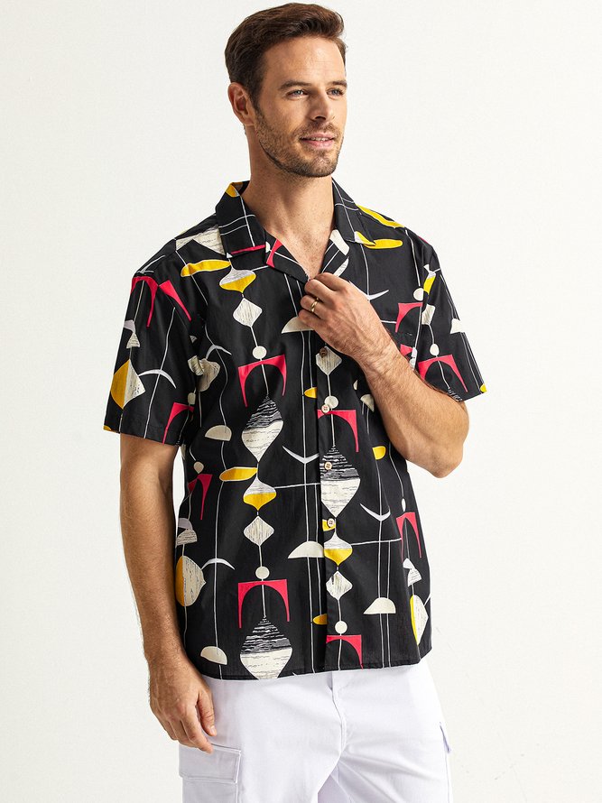 Side view of Men Geometric Summer Vacation No Elasticity Breathable Loose Short Sleeve Cotton Camp Collar Aloha Shirts