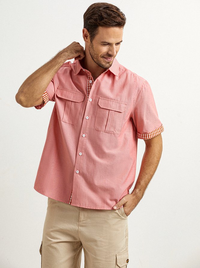 Side view of Plain Summer Vacation No Elasticity Moisture Permeability Short Sleeve Cotton Regular H-Line Aloha Shirts for Men