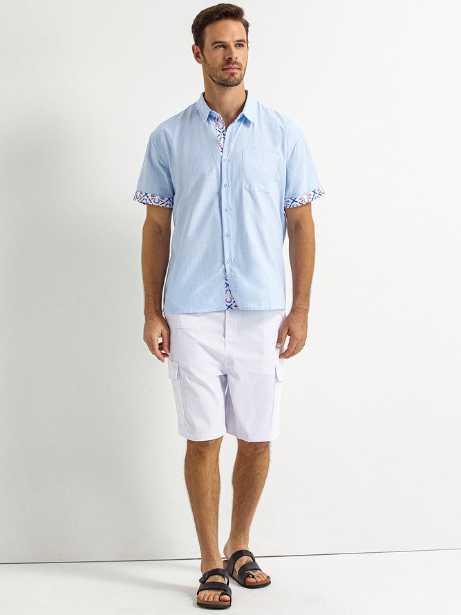 Side view of Men Plain Summer Vacation No Elasticity Moisture Permeability Short Sleeve Cotton H-Line Shirt Collar Aloha Shirts