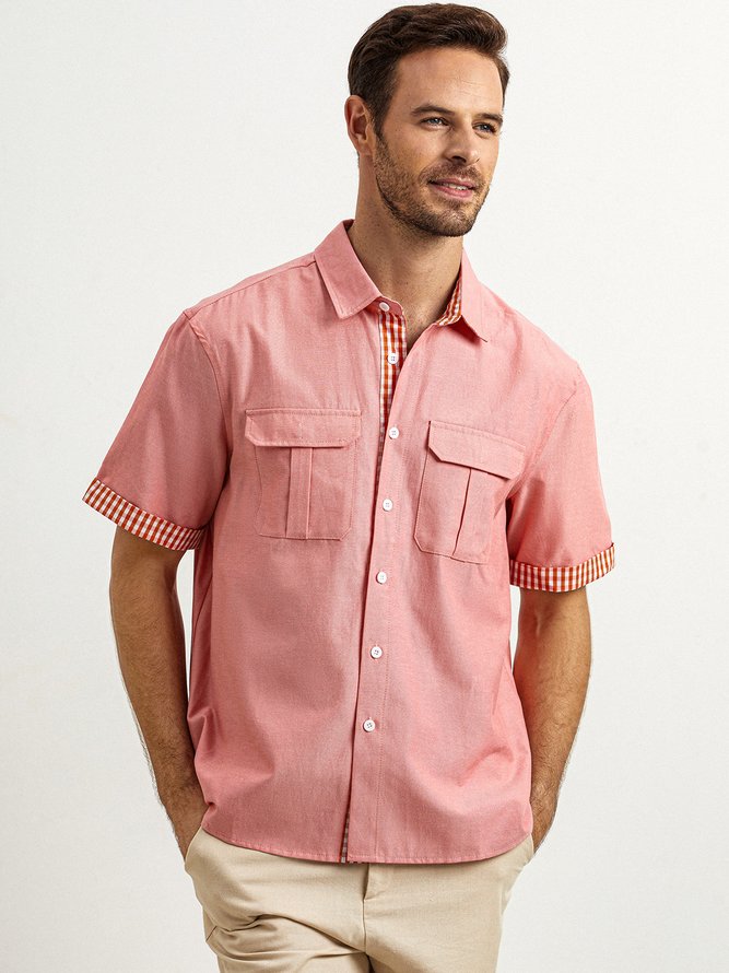 Side view of Plain Summer Vacation No Elasticity Moisture Permeability Short Sleeve Cotton Regular H-Line Aloha Shirts for Men