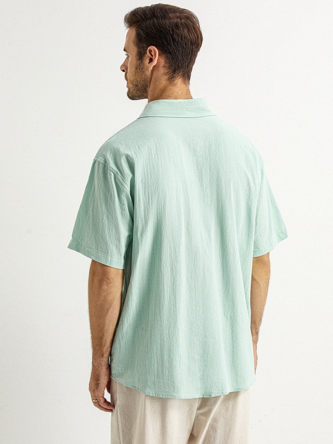 Side view of Men Plain Summer Vacation Natural No Elasticity Loose Short Sleeve Cotton Shirt Collar Guayabera Shirts