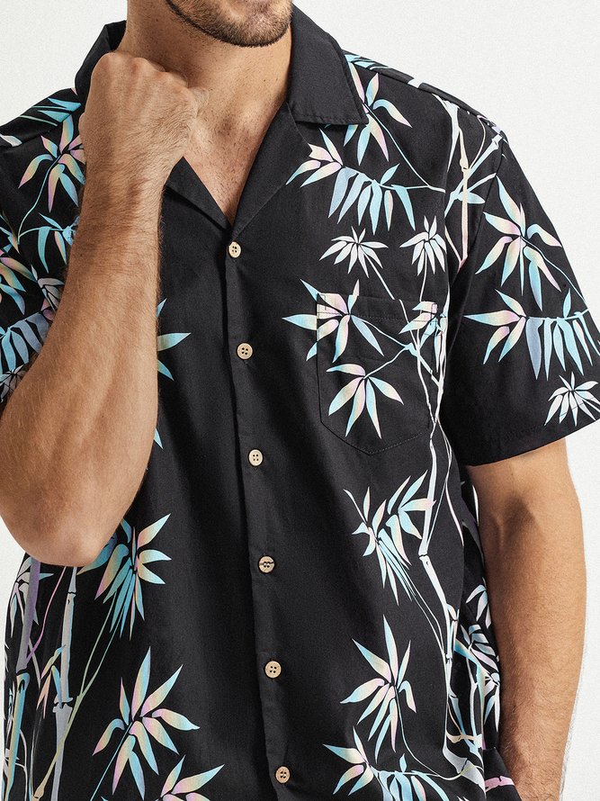Side view of Men Color Block Summer Vacation Natural No Elasticity Cotton Regular H-Line Shirt Collar Aloha Shirts