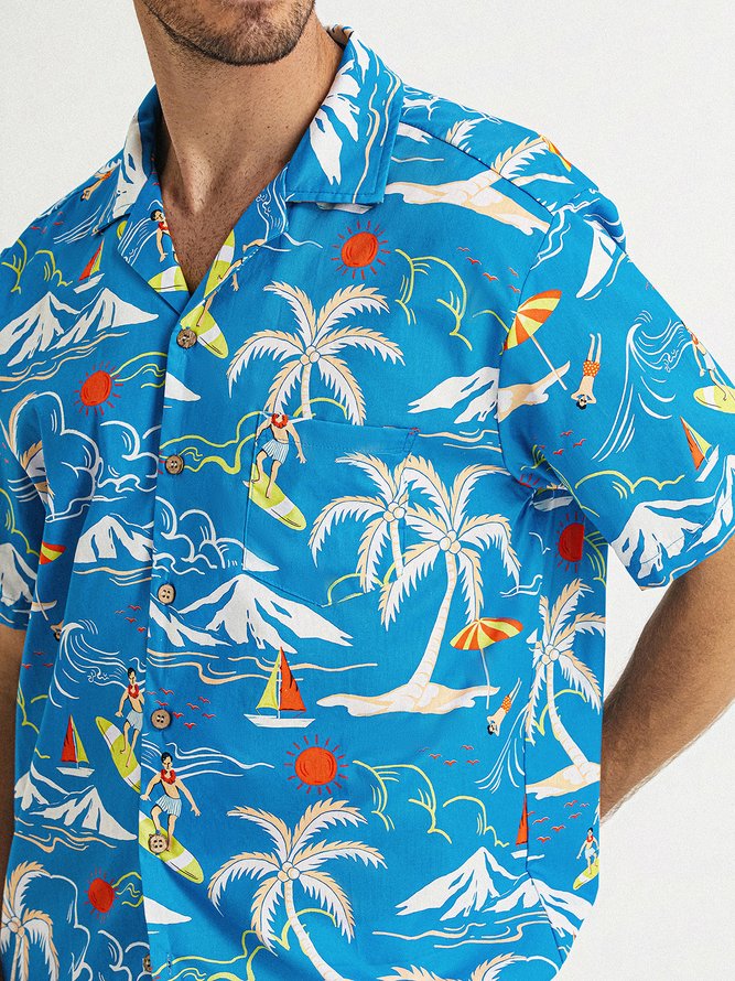 Side view of Men Summer Coconut Tree Vacation Natural No Elasticity Commuting Loose Short Sleeve Regular Aloha Shirts