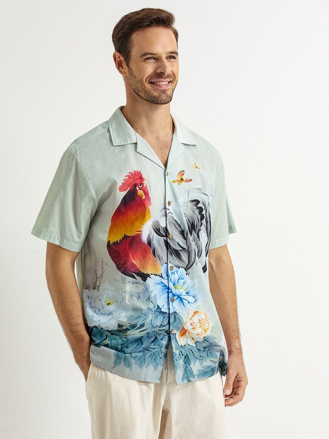 Side view of Floral Summer Vacation Moisture Permeability Commuting Loose Short Sleeve Regular Camp Collar Aloha Shirts for Men