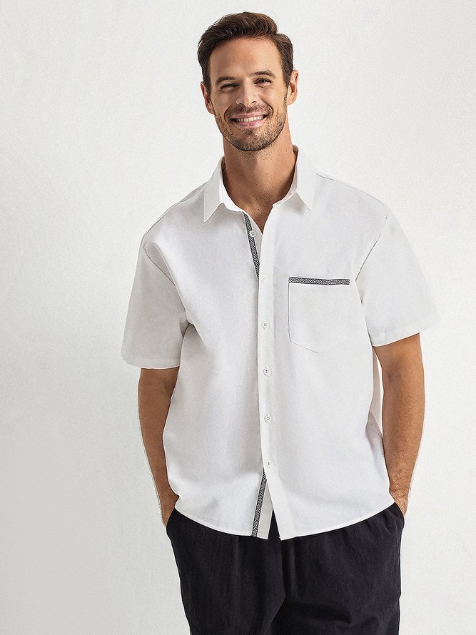 Side view of Men Plain Summer Vacation Commuting Loose Short Sleeve Regular Regular Shirt Collar Aloha Shirts