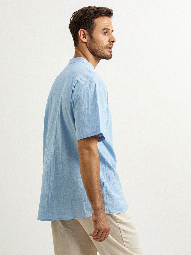 Side view of Men Casual Plain Summer Natural Breathable Cotton H-Line Regular Shirt Collar Aloha Shirts