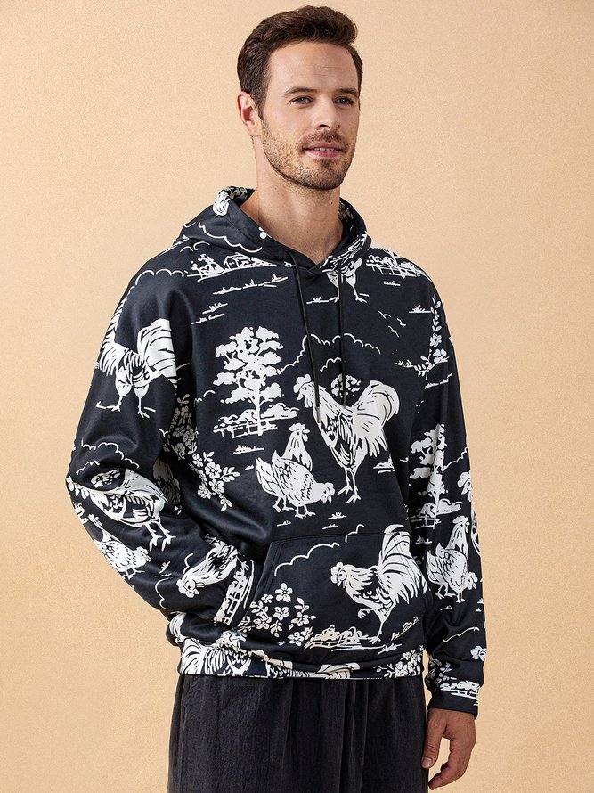 Side view of Men Casual Painting Autumn Polyester Commuting Long Sleeve H-Line Regular Medium Elasticity Hoodies