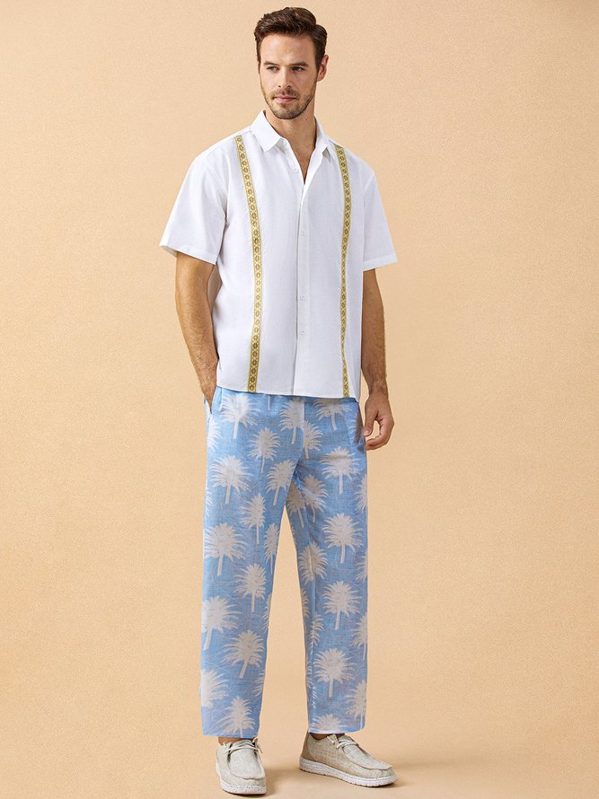 Side view of Men Geometric Summer Vacation Daily Loose Short Sleeve Cotton Regular Shirt Collar Guayabera Shirts