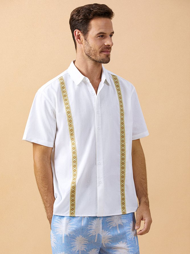 Side view of Men Geometric Summer Vacation Daily Loose Short Sleeve Cotton Regular Shirt Collar Guayabera Shirts
