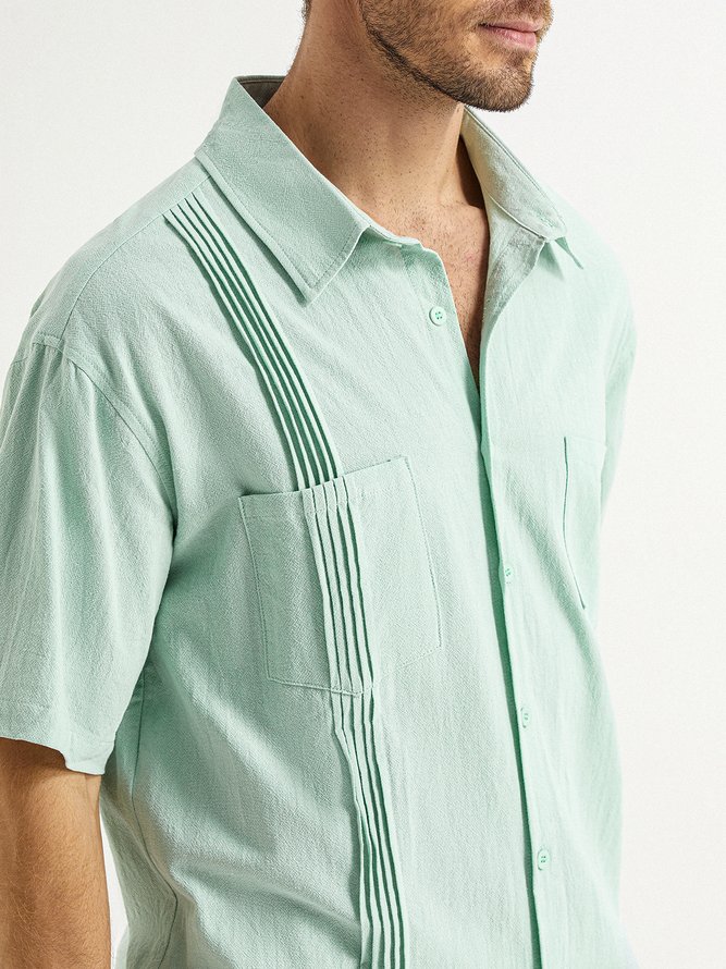 Side view of Men Plain Summer Vacation Natural No Elasticity Loose Short Sleeve Cotton Shirt Collar Guayabera Shirts