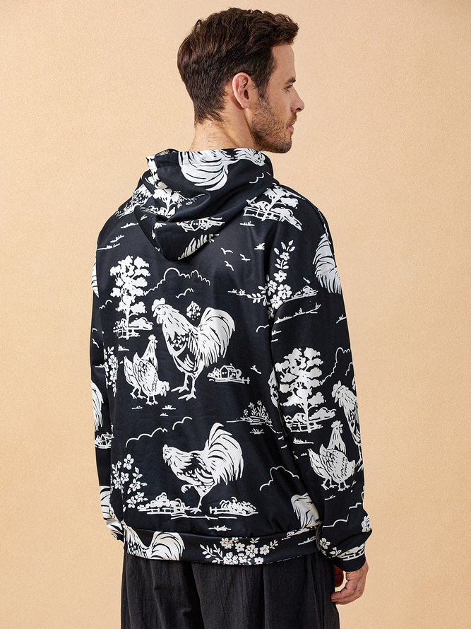 Side view of Men Casual Painting Autumn Polyester Commuting Long Sleeve H-Line Regular Medium Elasticity Hoodies