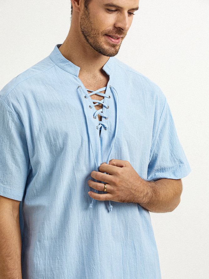 Side view of Men Casual Plain Summer Natural Breathable Cotton H-Line Regular Shirt Collar Aloha Shirts