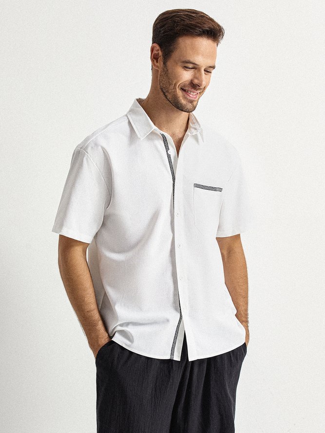 Side view of Men Plain Summer Vacation Commuting Loose Short Sleeve Regular Regular Shirt Collar Aloha Shirts