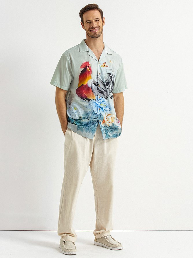 Side view of Floral Summer Vacation Moisture Permeability Commuting Loose Short Sleeve Regular Camp Collar Aloha Shirts for Men