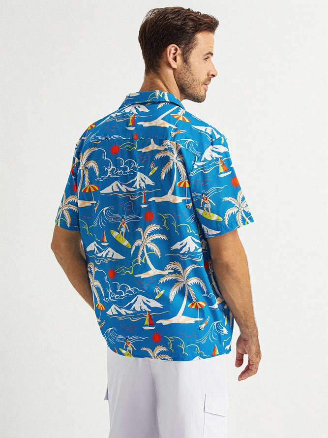 Side view of Men Summer Coconut Tree Vacation Natural No Elasticity Commuting Loose Short Sleeve Regular Aloha Shirts