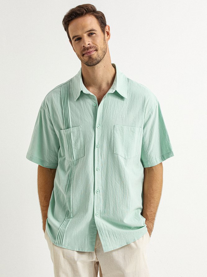 Side view of Men Plain Summer Vacation Natural No Elasticity Loose Short Sleeve Cotton Shirt Collar Guayabera Shirts
