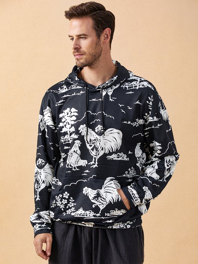Side view of Men Casual Painting Autumn Polyester Commuting Long Sleeve H-Line Regular Medium Elasticity Hoodies