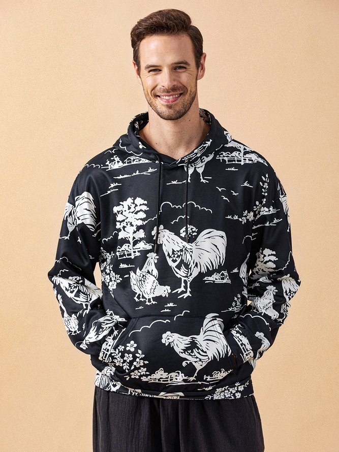 Side view of Men Casual Painting Autumn Polyester Commuting Long Sleeve H-Line Regular Medium Elasticity Hoodies