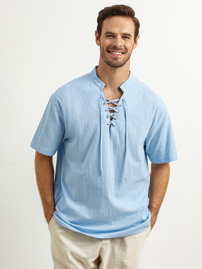 Side view of Men Casual Plain Summer Natural Breathable Cotton H-Line Regular Shirt Collar Aloha Shirts