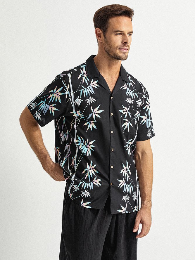 Side view of Men Color Block Summer Vacation Natural No Elasticity Cotton Regular H-Line Shirt Collar Aloha Shirts