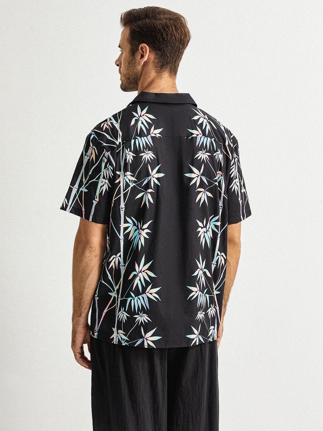 Side view of Men Color Block Summer Vacation Natural No Elasticity Cotton Regular H-Line Shirt Collar Aloha Shirts