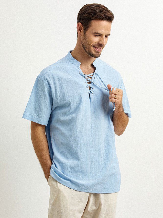 Side view of Men Casual Plain Summer Natural Breathable Cotton H-Line Regular Shirt Collar Aloha Shirts