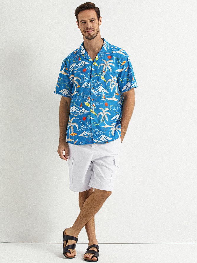 Side view of Men Summer Coconut Tree Vacation Natural No Elasticity Commuting Loose Short Sleeve Regular Aloha Shirts