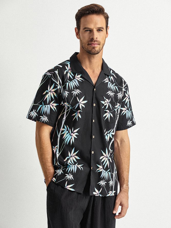 Side view of Men Color Block Summer Vacation Natural No Elasticity Cotton Regular H-Line Shirt Collar Aloha Shirts