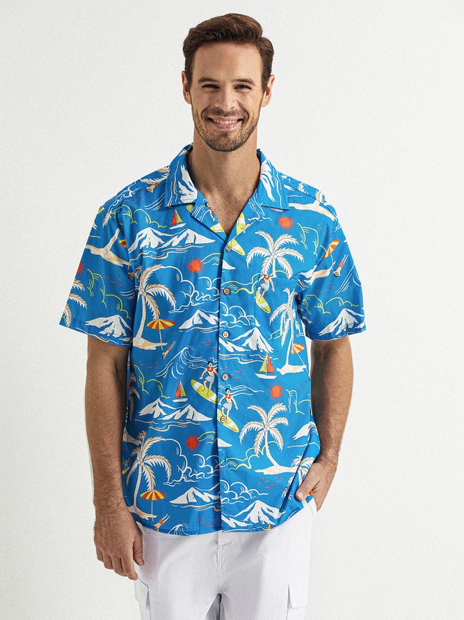 Side view of Men Summer Coconut Tree Vacation Natural No Elasticity Commuting Loose Short Sleeve Regular Aloha Shirts