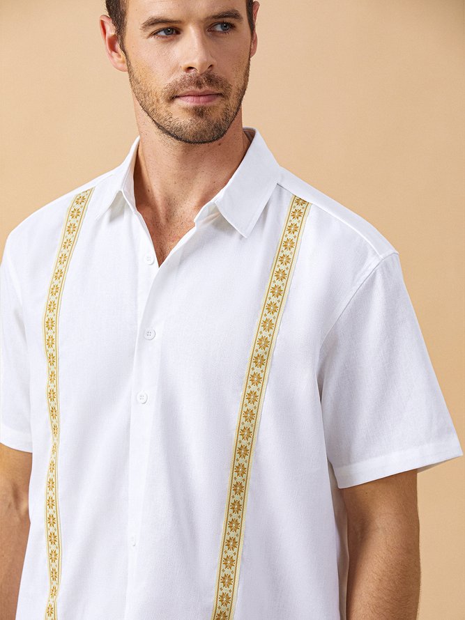 Side view of Men Geometric Summer Vacation Daily Loose Short Sleeve Cotton Regular Shirt Collar Guayabera Shirts