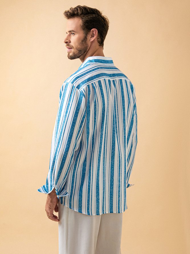 Side view of Men Geometric Casual Spring/Fall Polyester Breathable Daily Loose Long Sleeve H-Line Aloha Shirts