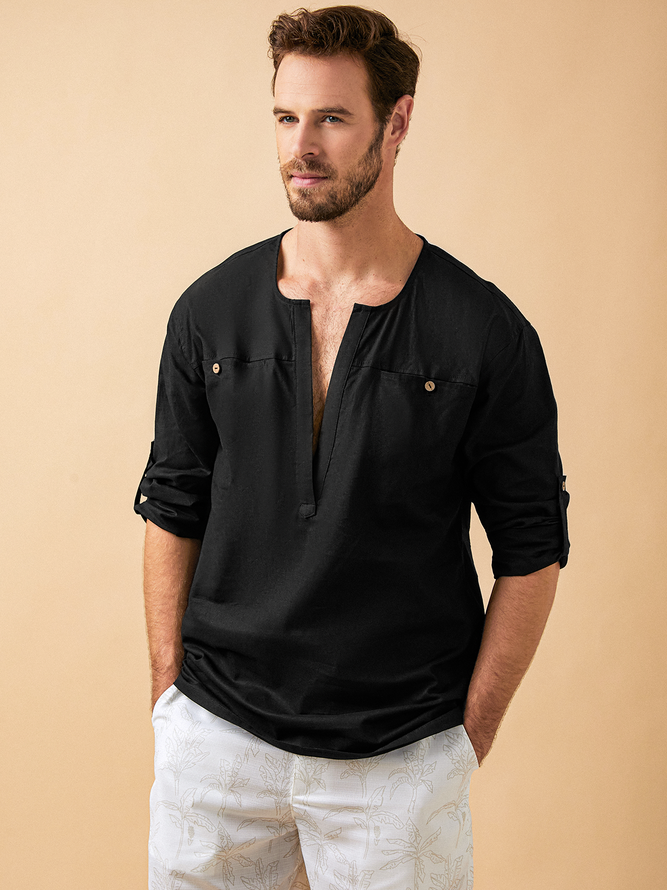 Side view of Men Casual Plain Spring/Fall No Elasticity Daily Loose Cotton Regular Regular Aloha Shirts