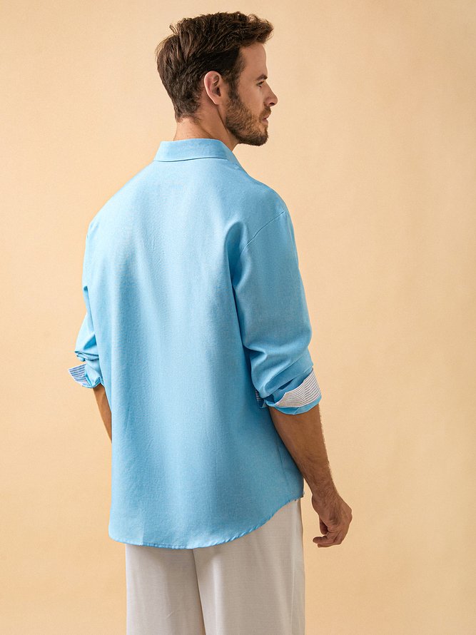 Side view of Men Casual Contrast Stitching Spring/Fall Natural No Elasticity Breathable Long Sleeve Cotton H-Line Aloha Shirts