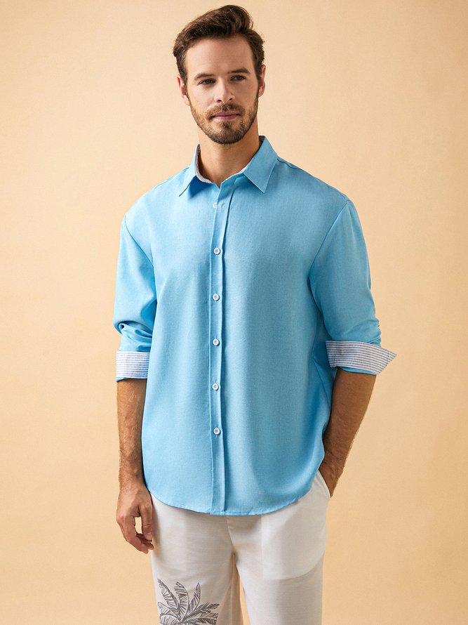 Side view of Men Casual Contrast Stitching Spring/Fall Natural No Elasticity Breathable Long Sleeve Cotton H-Line Aloha Shirts