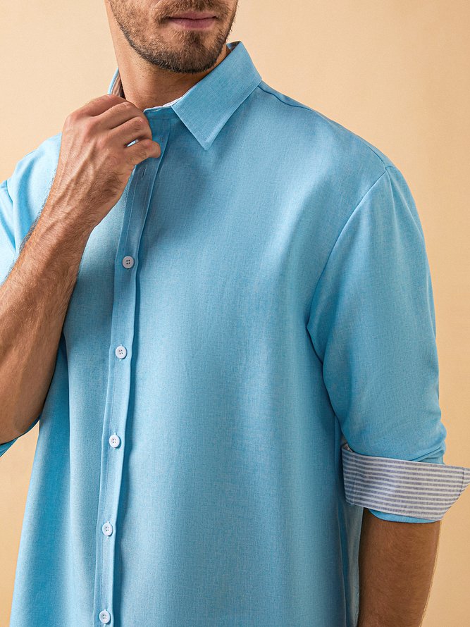 Side view of Men Casual Contrast Stitching Spring/Fall Natural No Elasticity Breathable Long Sleeve Cotton H-Line Aloha Shirts