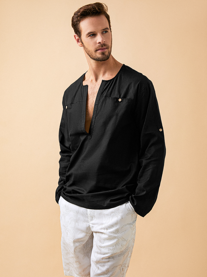 Side view of Men Casual Plain Spring/Fall No Elasticity Daily Loose Cotton Regular Regular Aloha Shirts