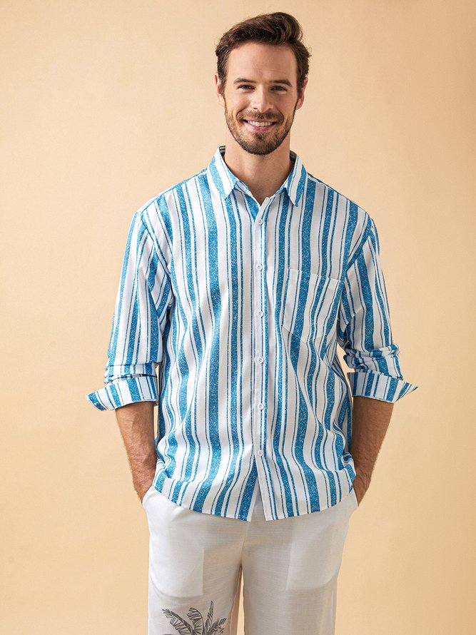 Side view of Men Geometric Casual Spring/Fall Polyester Breathable Daily Loose Long Sleeve H-Line Aloha Shirts