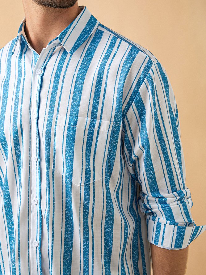 Side view of Men Geometric Casual Spring/Fall Polyester Breathable Daily Loose Long Sleeve H-Line Aloha Shirts