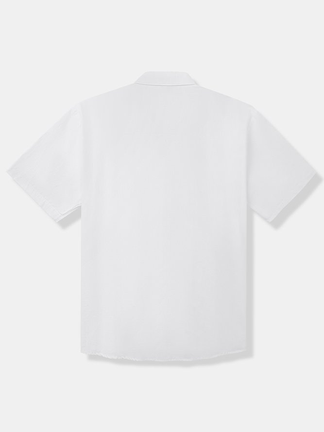 Side view of Contrast Stitching Casual Summer Natural No Elasticity Breathable Daily Loose Short Sleeve Guayabera Shirts for Men