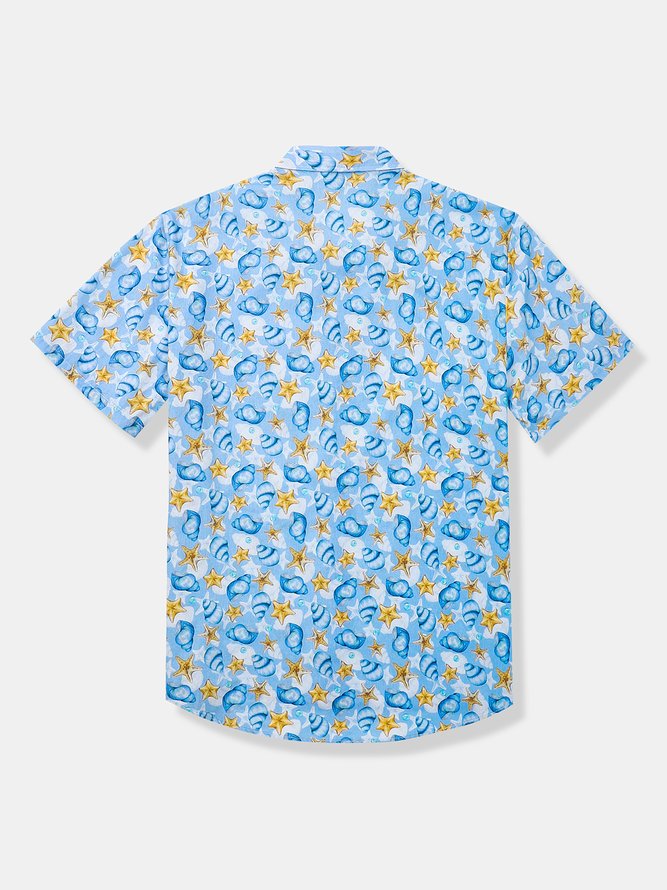 Side view of Men Casual Summer Marine Life Natural No Elasticity Short Sleeve Regular H-Line Pocket Stitching Aloha Shirts