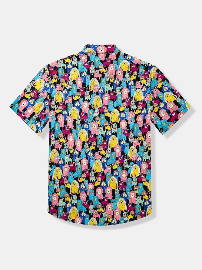 Side view of Men Casual Dog Summer Rayon Natural Breathable Commuting Buttons Regular Aloha Shirts