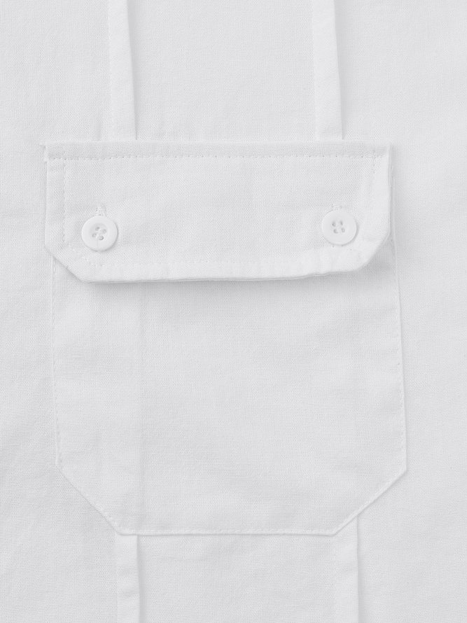 Side view of Contrast Stitching Casual Summer Natural No Elasticity Breathable Daily Loose Short Sleeve Guayabera Shirts for Men