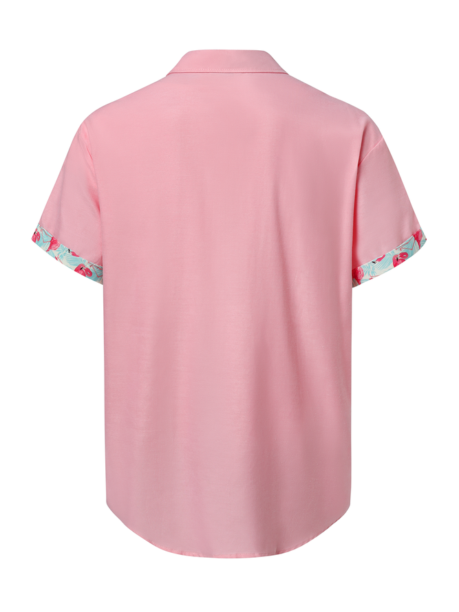 Side view of Casual Summer Flamingo Cotton Natural No Elasticity Buttons Regular Shirt Collar Aloha Shirts for Men