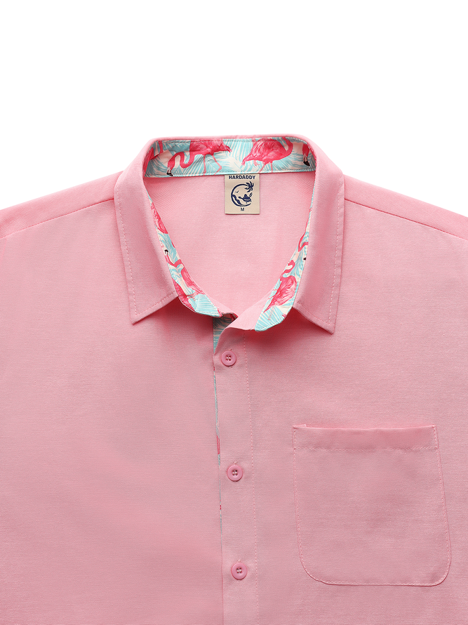 Side view of Casual Summer Flamingo Cotton Natural No Elasticity Buttons Regular Shirt Collar Aloha Shirts for Men